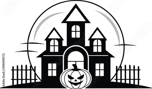A spooky Halloween house silhouette with a graveyard under the moonlit night sky surrounded by bats and dark trees in a haunted village scene