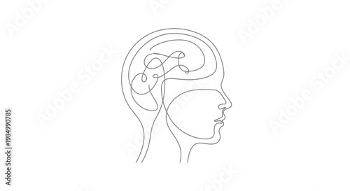 Minimalist continuous line drawing of a human head with an abstract brain.