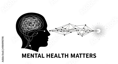 Mental health matters concept with human head silhouette and complex thoughts.