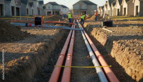 Long orange and gray conduit pipes laid in a dirt trench at a suburban housing construction site. infrastructure development, residential building, industrial engineering.