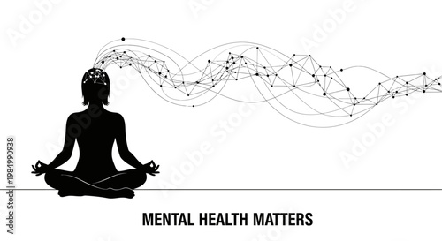 Silhouette of a person meditating with neural network connections representing mental health.