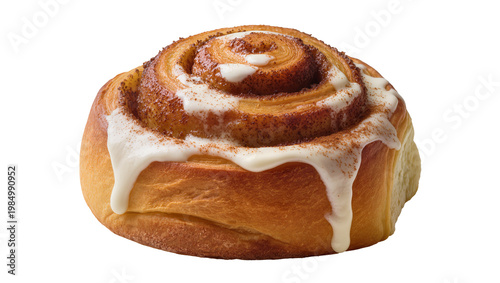 Schilderij op canvas Golden brown cinnamon roll with white icing, isolated on transparent background