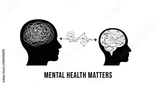 Mental health matters concept with human head silhouettes and brain states.