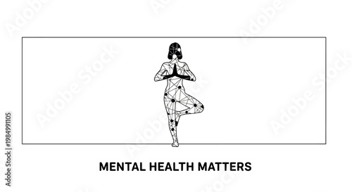 Minimalist illustration of a person doing yoga tree pose with mental health quote.
