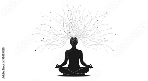 Meditating person silhouette with neural network connections emanating from the mind.