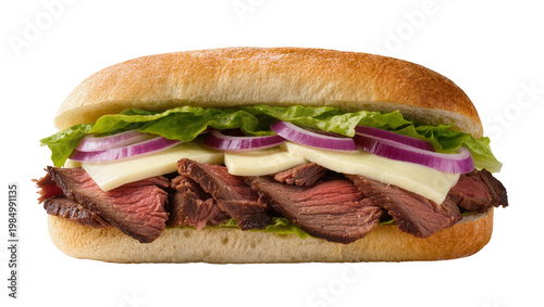 Canvastavla Hearty roast beef sandwich with melted cheese lettuce and red onion, isolated on