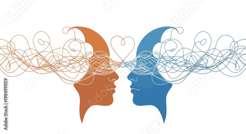 Conceptual illustration of two human profiles connected by a heart shape and chaotic lines representing communication and empathy.