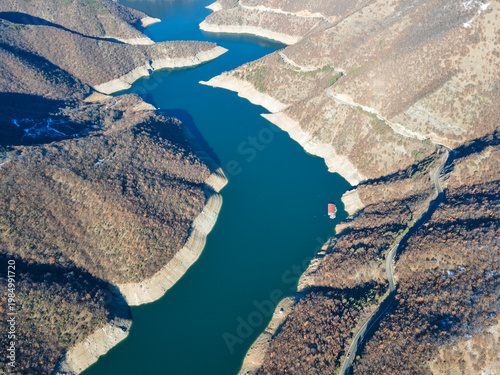 Aerial winter view of Vacha Reservoir, Bulgaria
