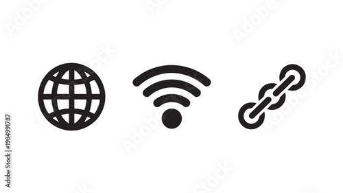 Globe WiFi Chain Icons Black Solid Global Network Connectivity Internet Technology Set