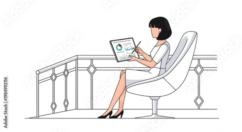 Modern businesswoman analyzing financial reports and market trends on a tablet, working remotely from a chic balcony, symbolizing digital business.