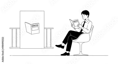 Man in business attire reading a book while sitting in a modern chair, next to a large display showing a book cover.