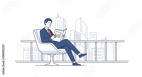 Professional businessman in a suit relaxing and reading a magazine in a modern office lounge with a city skyline view, line art illustration.