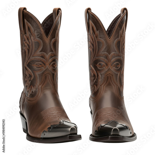 Brown western cowboy boots for women, embossed pattern leather texture, pointed toes with metal engraved toe tips, classic pull tabs. Rustic fashion footwear, isolated on transparent background