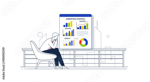 Man sitting stressed in front of a financial report with charts and graphs, business analysis concept