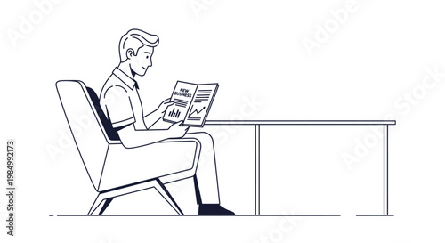 Young man sitting in a modern armchair reading a magazine or brochure at a desk, line art illustration