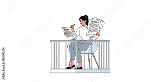 Young woman working at a desk with many contracts and documents, overwhelmed by paperwork, business concept illustration