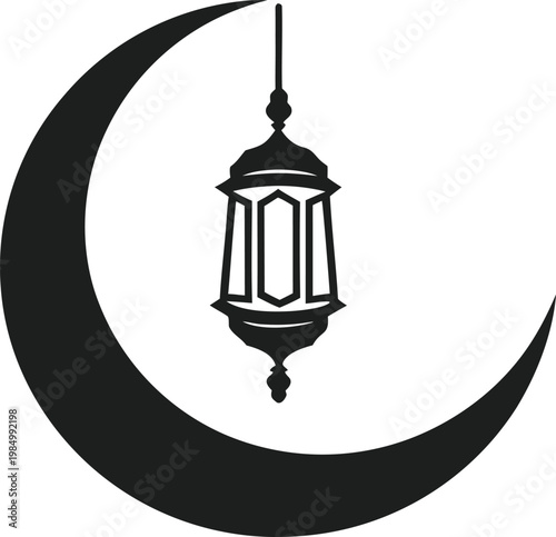 Minimal black crescent moon with hanging lantern silhouette
