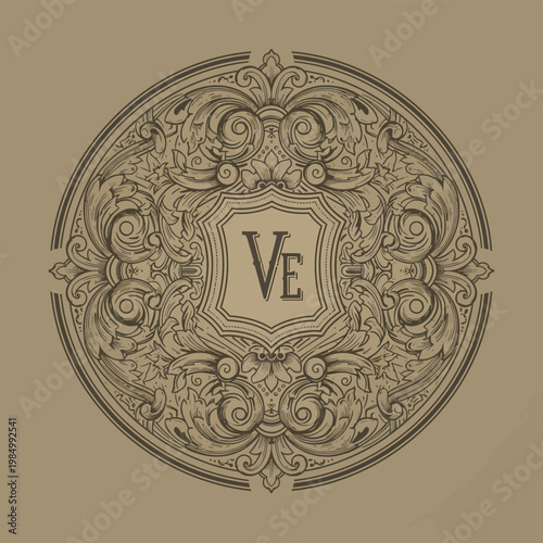 Elegant Vintage Emblem with VE Monogram Intricate Design.