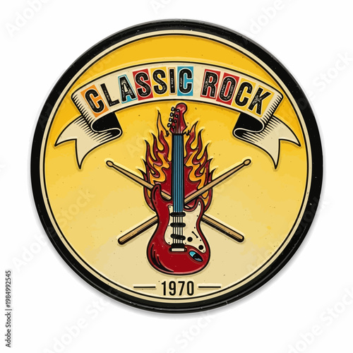 Classic Rock Electric Guitar Drums 1970s Music Icon.