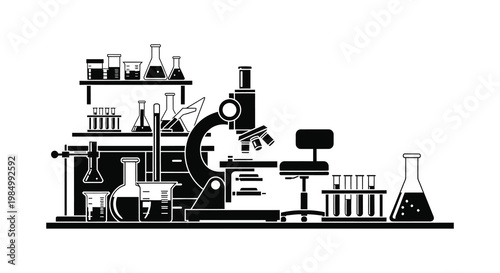 A detailed laboratory setup with glassware and equipment in a black silhouette