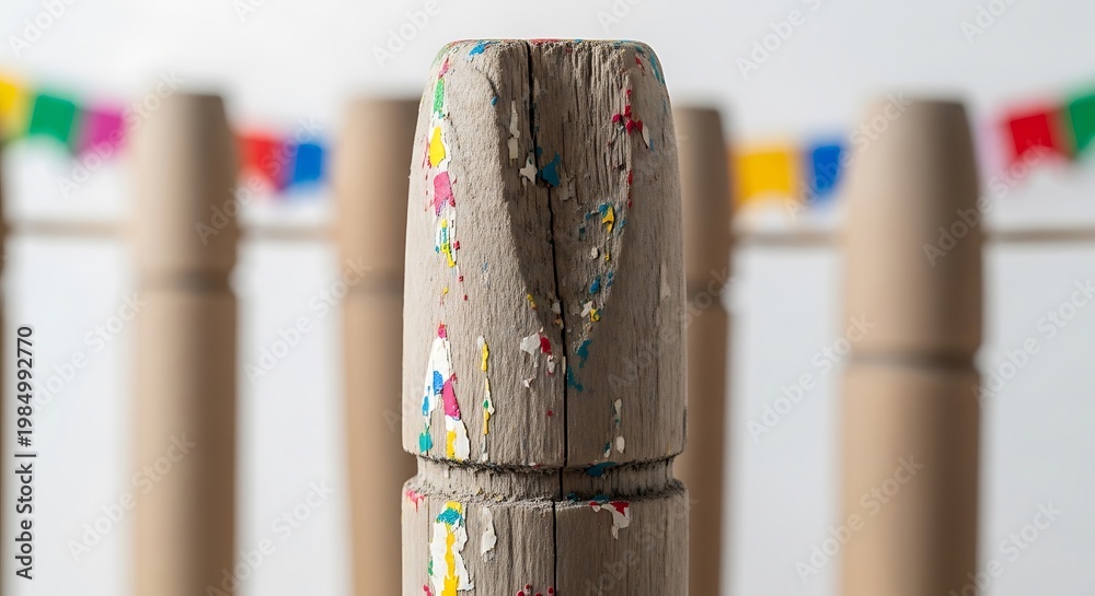 Fototapeta premium A close-up of a wooden object with colorful confetti and paper rolls in the background