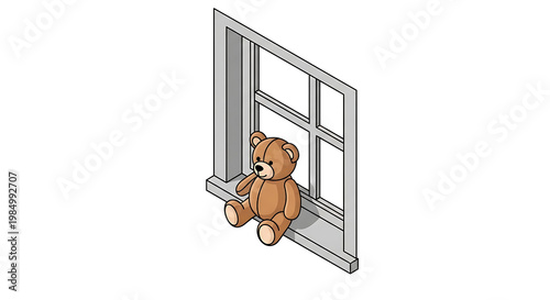 A teddy bear sits on a windowsill looking out an open window, isometric view, cartoon style, conveying loneliness or anticipation