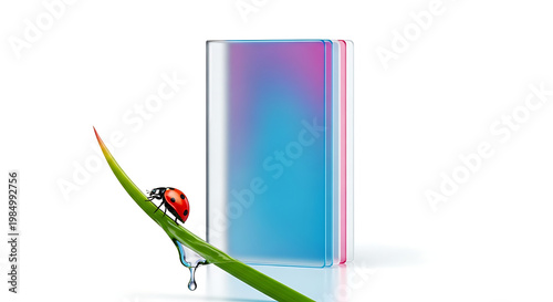 A vibrant ladybug crawling up a dewy green blade of grass towards a translucent, colorful prism, symbolizing nature and science interaction, ideal for educational or conceptual use