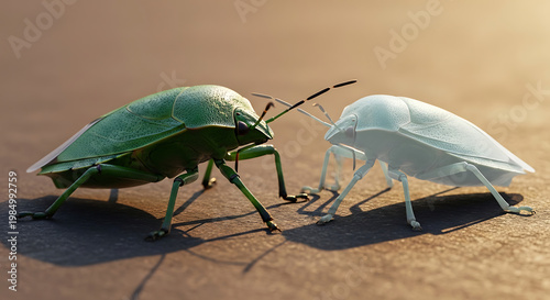 A vibrant green stink bug and its translucent counterpart face each other on a textured surface