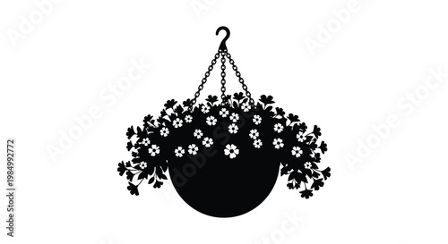 Hanging basket overflowing with white daisies presented as a striking silhouette