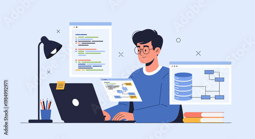 A man working on a laptop with diagrams.