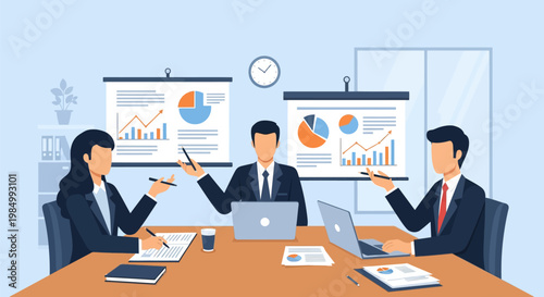 Business meeting with charts and graphs presented on screens, illustrating financial data and analysis.