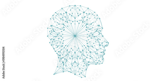 Abstract human head silhouette constructed from a digital network of interconnected nodes and lines.