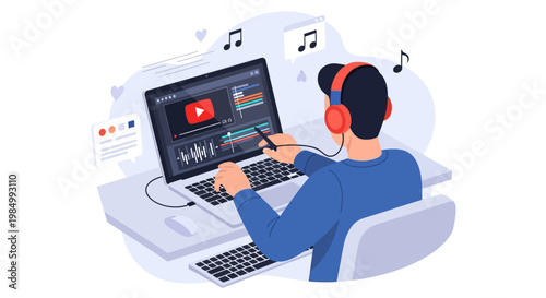 A person wearing headphones is editing a video on a laptop, with music notes floating around.