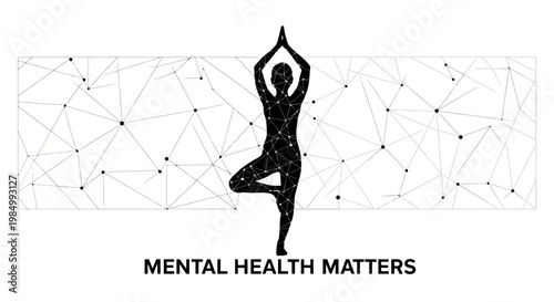 Silhouette of a person in a yoga tree pose for mental health awareness.