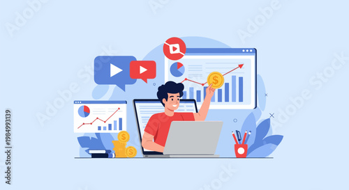 A person working on a laptop with charts and graphs indicating financial growth and online video content.