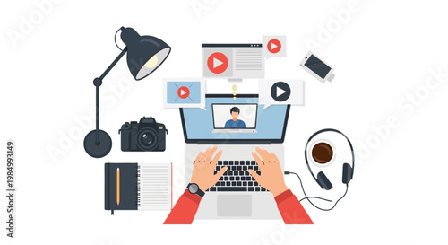 Hands typing on a laptop surrounded by creative tools like a camera, headphones, and a desk lamp, illustrating digital content creation and online learning.