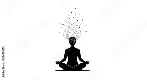 Black silhouette of a person meditating in lotus position with abstract lines representing thoughts.