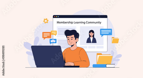 A young man is working on a laptop in front of a computer screen displaying a membership learning community with profiles and chat bubbles.