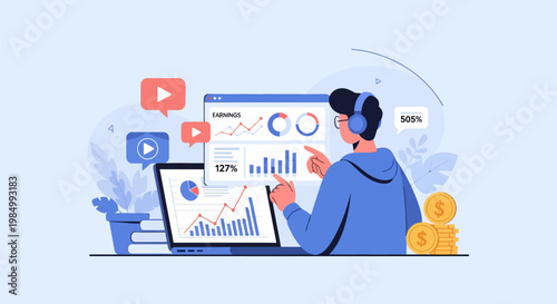 A young man wearing headphones analyzes data and charts on a laptop and computer screen, surrounded by financial icons and graphs, representing business analytics and digital marketing.