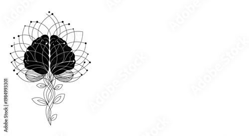 Black and white illustration of a human brain integrated with a blooming flower.