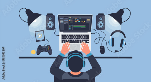 Overhead view of a person wearing headphones, engrossed in a gaming setup with a laptop, speakers, and controllers.