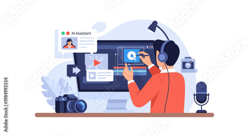 A person editing a video on a computer with headphones, surrounded by cameras and microphones, illustrating digital content creation and post-production.