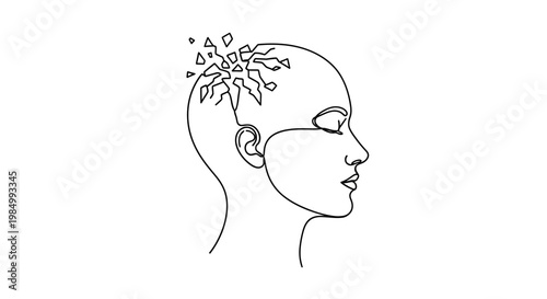 Continuous line drawing of a human head with a shattering mental concept.