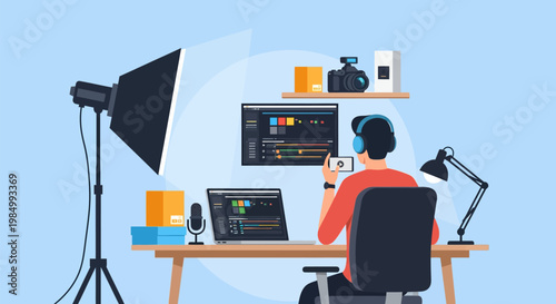 A person is editing a video on a computer with a ring light and camera equipment set up in a home studio.