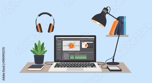 A modern home office setup featuring a laptop, headphones, a desk lamp, a plant, and books on a shelf.