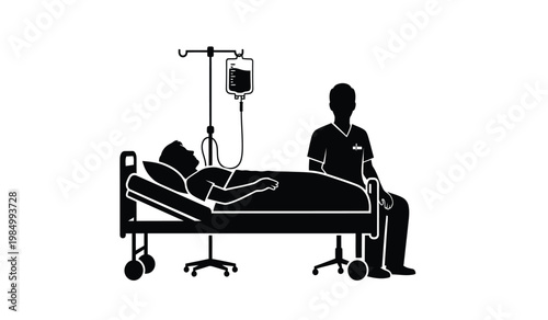 A stark depiction shows a healthcare worker attending to a patient lying in a hospital bed captured as a silhouette high quality professional detailed