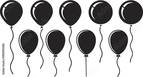 Black party balloons with strings set isolated on white background