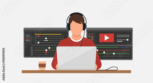 A person wearing headphones sits at a desk with a laptop and a coffee cup, in front of a video editing software interface on a large monitor.