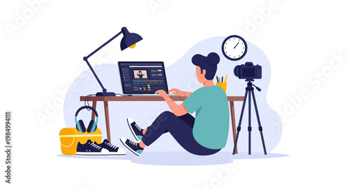 A person is editing a video on a laptop at a desk with a camera and tripod set up for filming.