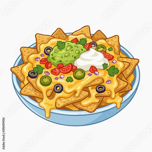 A colorful bowl of delicious nachos with toppings. isolated on a white background. PNG